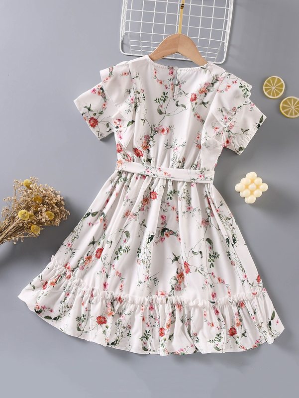 Girls Floral Print Ruffle Trim Belted Dress SHE
