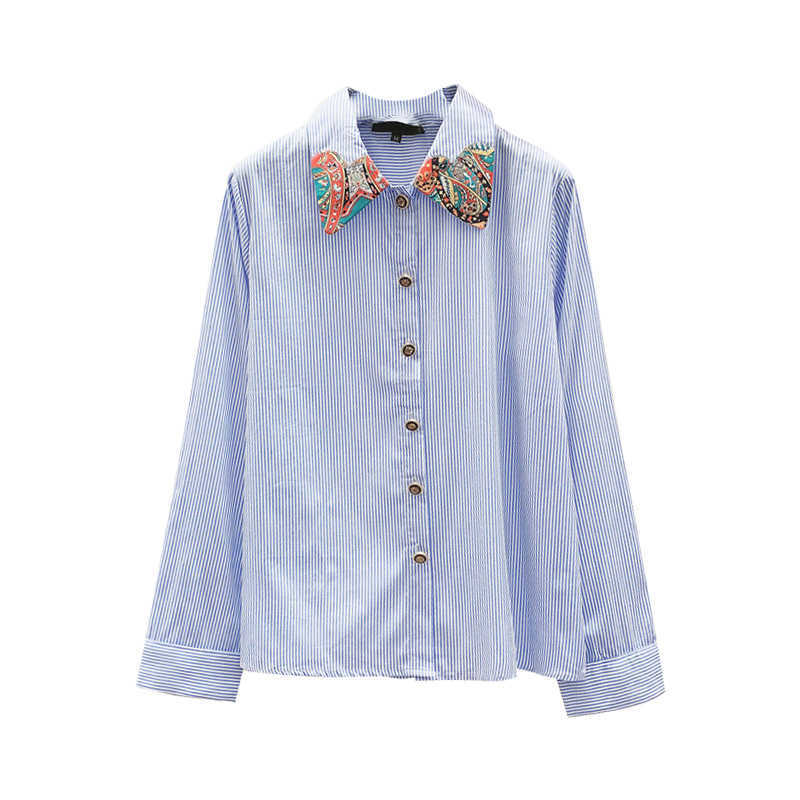 Spring and Autumn Fashion Long Sleeve Blue Vertical Stripe Print Shirt Loose Blouse Plus Size Womens Clothing 210615Z