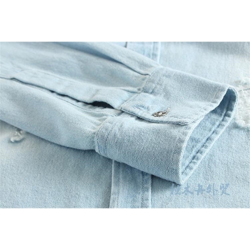 Spring and summer men fashion slim water wash long sleeve single breasted casual denim ripped shirt male trendy jean outerwear