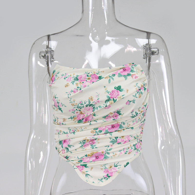 NewAsia Boned Floral Crop Top Women Ruched Off Shoulder Sexy Corset Vintage Sweet Print Tops Summer Backless Bustier New 210308