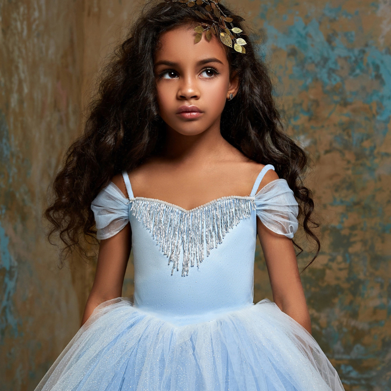 Long Princess Cinderella Flower Girl Dresses Off-The-Shoulder Floor Length Ball Gown Blue Kids Pageant Gowns Newest Design Custom Made Dress 403