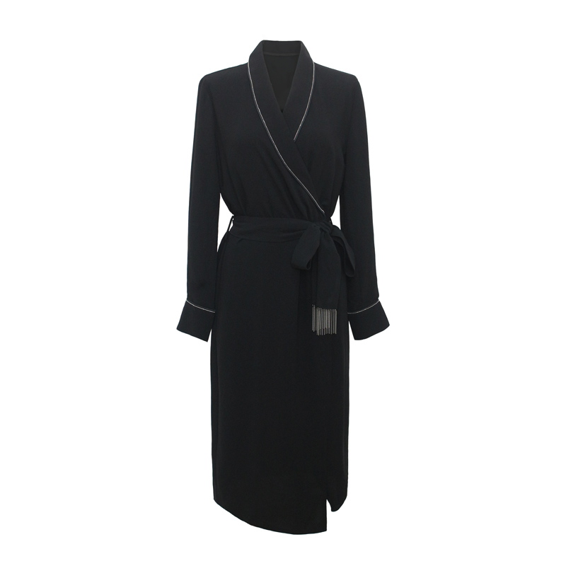 Shiny Vintage Black Chiffon Sashes Wrap Dress Ladies Long Sleeve Elegant Party Dresses Spring Autumn Women Clothes Vestidos 210303