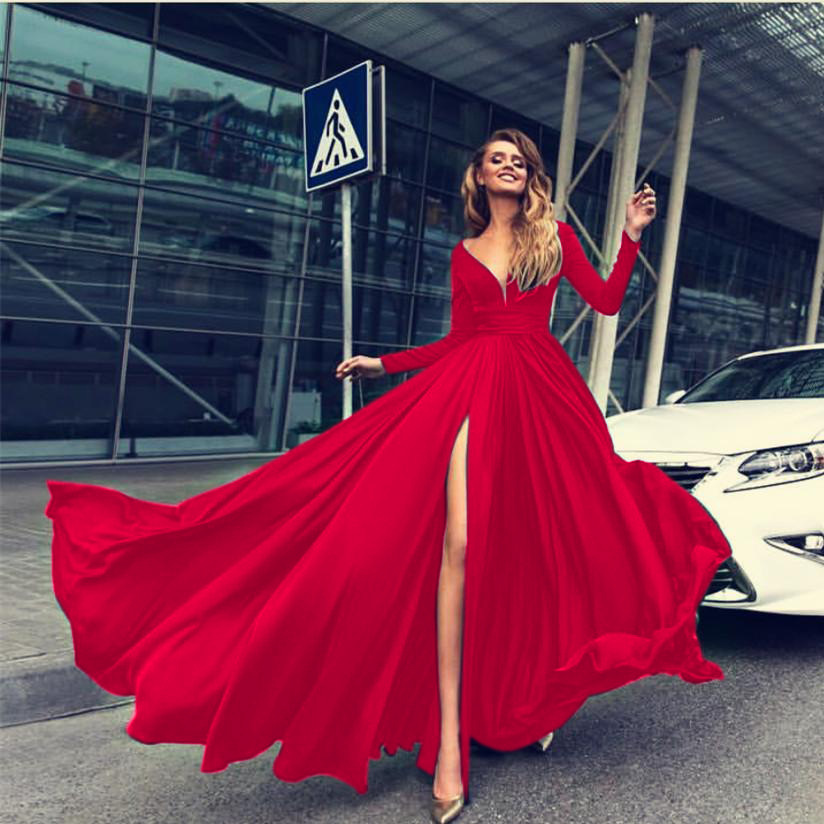 Sexy Side Split Long Women Prom Party Dresses Full Sleeve Deep V-Neck Floor Length Cheap Chiffon Special Occasion Gowns Plus Size