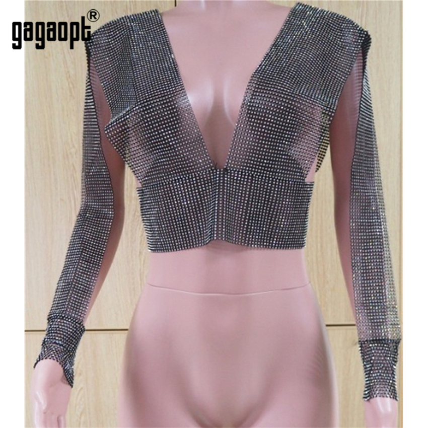 Gagaopt Bling Rhinestone Tank Top Sexy Deep V Neck See Through Patchwork Hollow Out Crop Top Party Night Club Lady Hot Tank Tops 210308