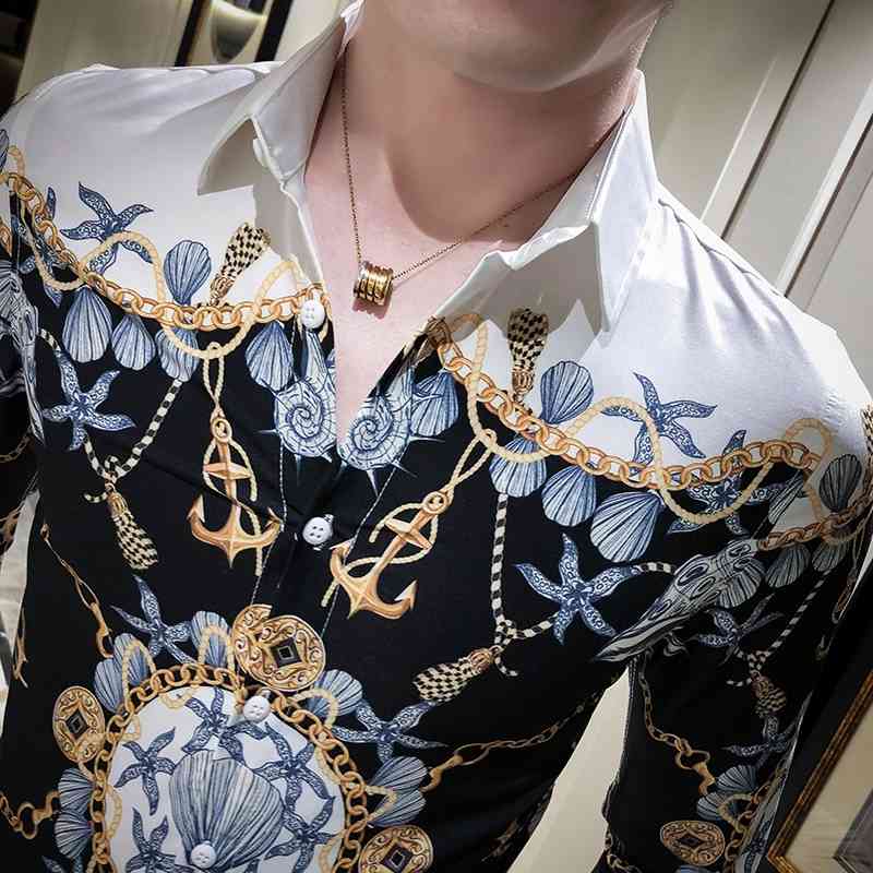 Gold Black Korean Men Clothes Streetwear Fashion Print Men Casual Shirt Slim Fit Men Shirt Dress Party Tuxedo Camiseta Masculina 210714