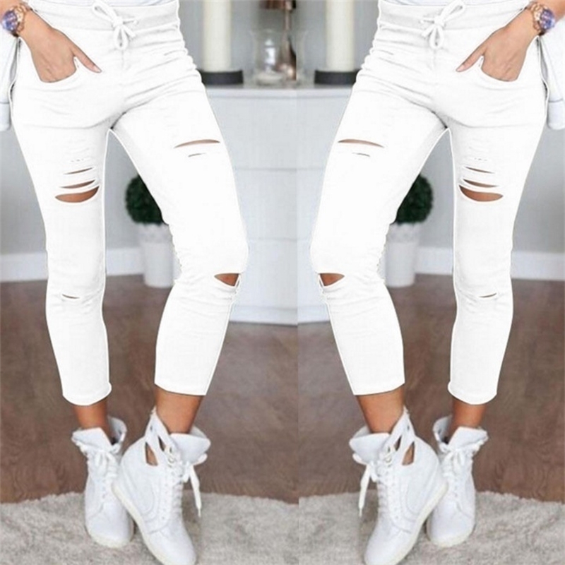 Female Trousers Women Hole Leggings Ripped Pants Slim Stretch Drawstring Trousers Pants Army Green Pants T200521