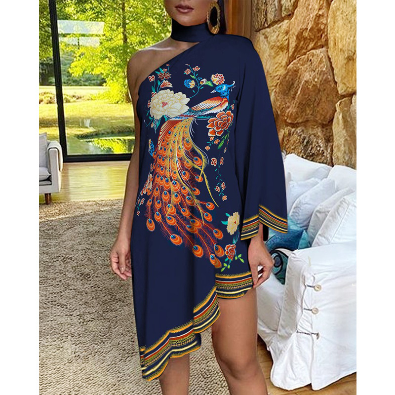 New Fashion Vintage Women Loose Dress Stand neck One Shoulder Figure Print Irregular Ruffle Dress Ladies Vestido 210222
