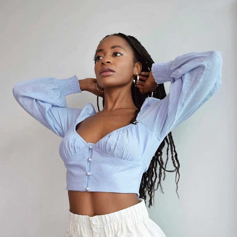 Vintage Women Sexy V Neck Blue Shirts Summer Fashion Ladies Bomb Slim Tops Casual Fmale Chic Shirt Elegant 210527