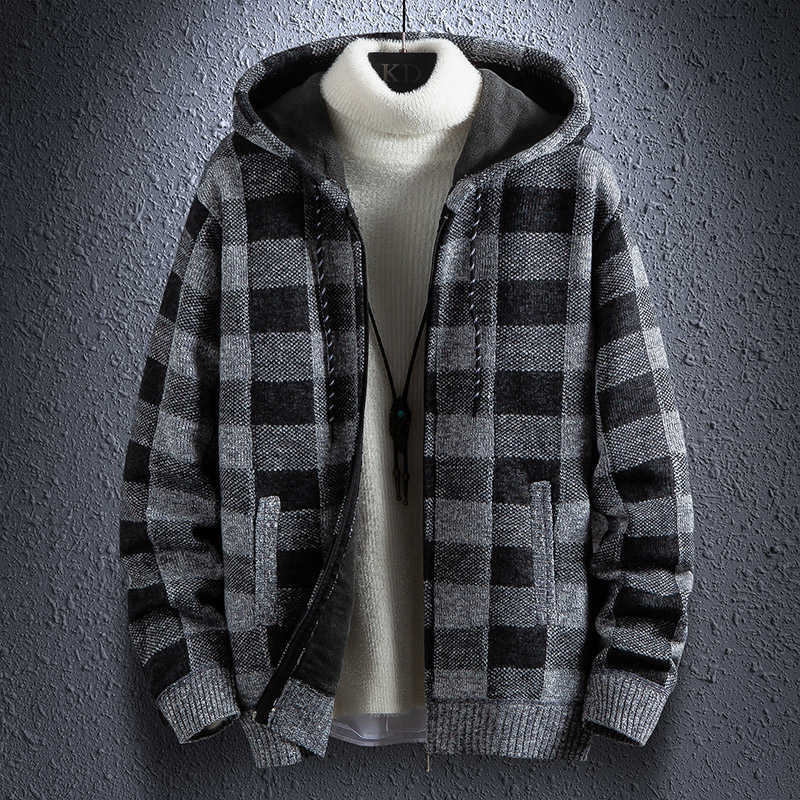 Winter Thick Cardigan Men's Sweater Zipper Striped Hooded Fashion Warm Slim fit Knitted Sweater Male Fleece Hoodies Coats men 211008