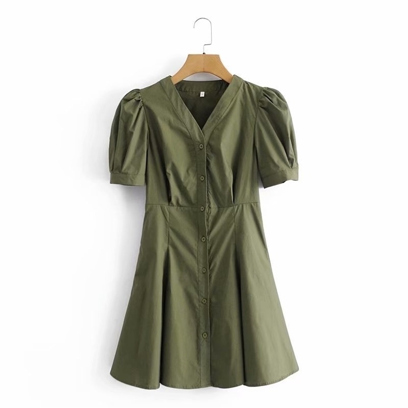 Elegant Women Green V-Neck Dresses Fashion Ladies Pocket Sashes Vestidos Streetwear Female Chic Puff Sleeve Mini Dress 210527