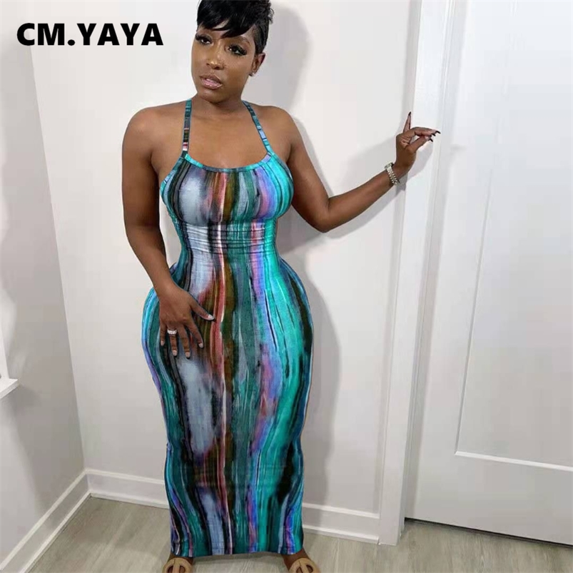CM.YAYA Tie Dye Print Halter Open Back Maxi Dress For Women Bodycon Sleeveless Splited Pencil Midi Long Dresses Summer 210623