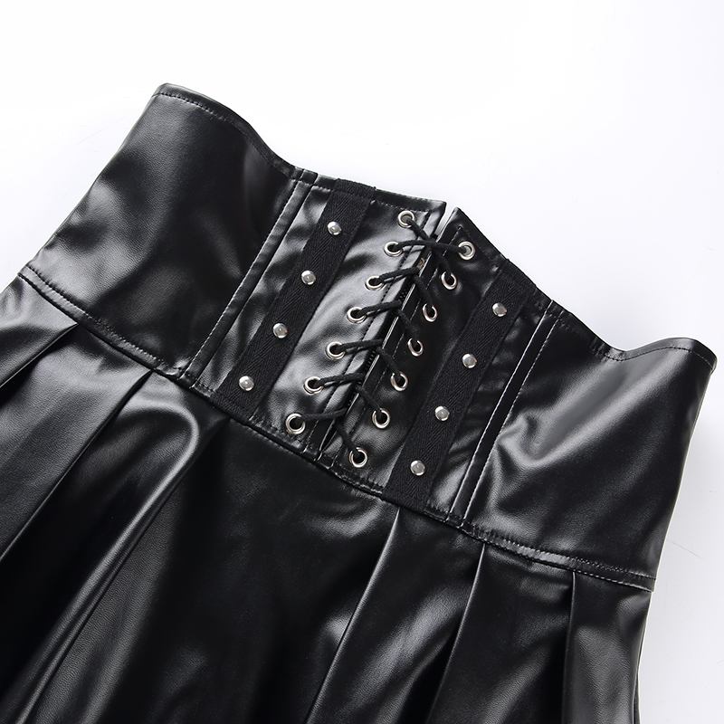 SUCHCUTE Women's Skirts Gothic Harajuku Bandage Faux Leather Korean Fashion Black Mini Pleated Skirts Summer Party Pu Saias 210309