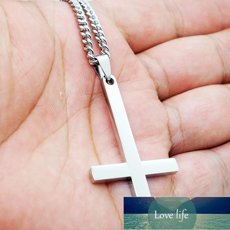 Fashion Stainless Steel Inverted Cross Pendant Necklace Lucifer Satan Punk Jewelry Chain For Men Women Anti-Christian Gift
