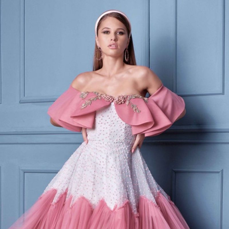 Princess Pink A Line Prom Dresses Beads Appliqued Off Shoulder Evening Dresses Dubai Arabic Sweep Train Custom Made Pageant Gown