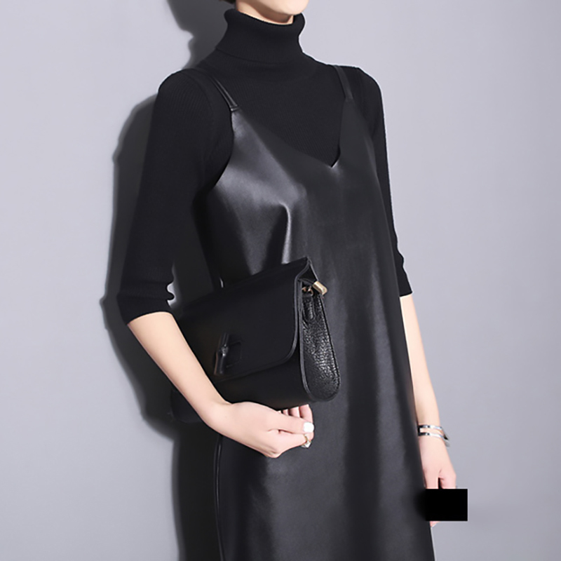 EAM Spring Summer Strapless Sleeveless Black Pu Leather Loose Brief Dres Fashion Allmatch JO287 210309