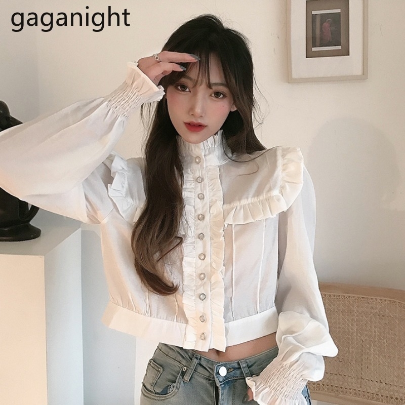 Elegant Office Ruffles Blouses Women Fashion Long Sleeve Stand Collar Cropped Tops Casual White Shirt OL Blusas 210601