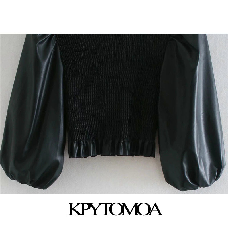 KPYTOMOA Women Fashion Faux Leather Elastic Smocked Cropped Blouses Vintage Three Quarter Sleeve Ruffled Female Shirts Chic Tops 210225