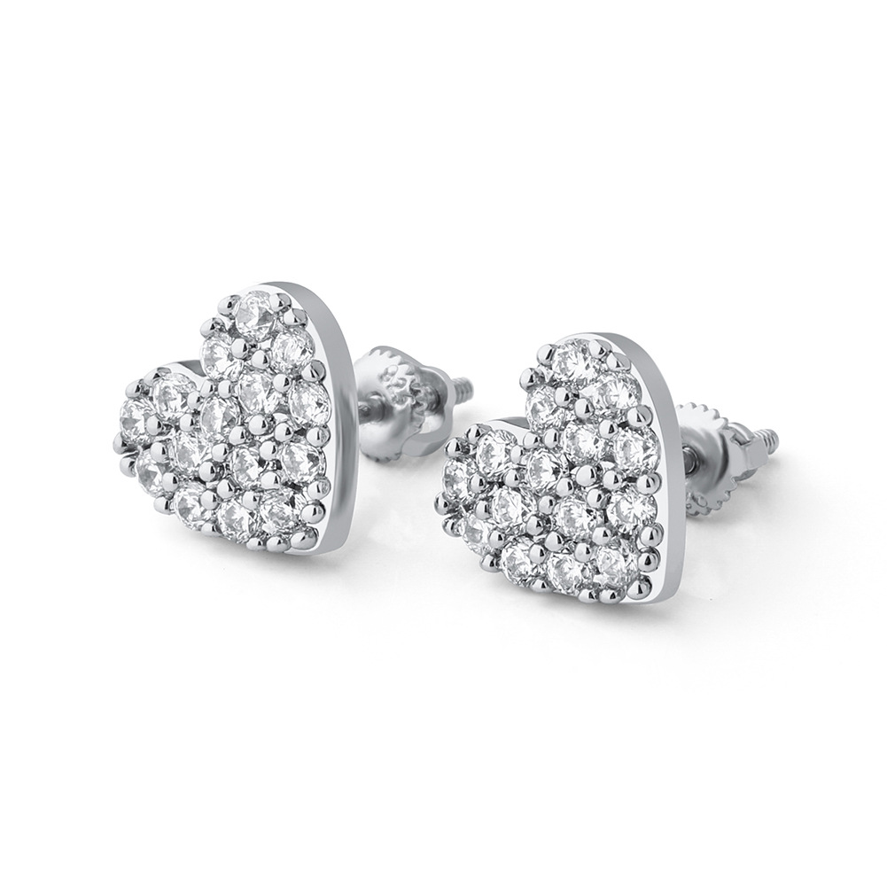Hip Hop Heart Shape Stud Earring Bling 18K Real Gold Plated 925 Sterling Silver Prevent Allergy Earrings for Women Gift