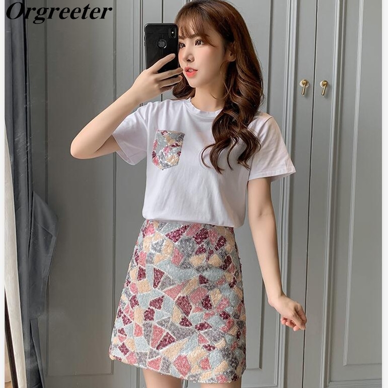 Fashion 2 Piece set Female Summer New Ladies Simple White Tshirt Colorful Mosaic Sequined Skirt Suits Casual Outfits