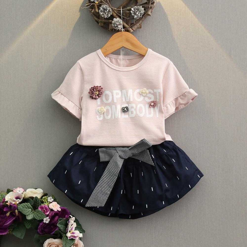 Arrivals Summer Children Sets Short Sleeve Decorative Flowers T-Shirt Bow Black Skirt Cute 2Pcs Girls Clothes 2-7T 210629
