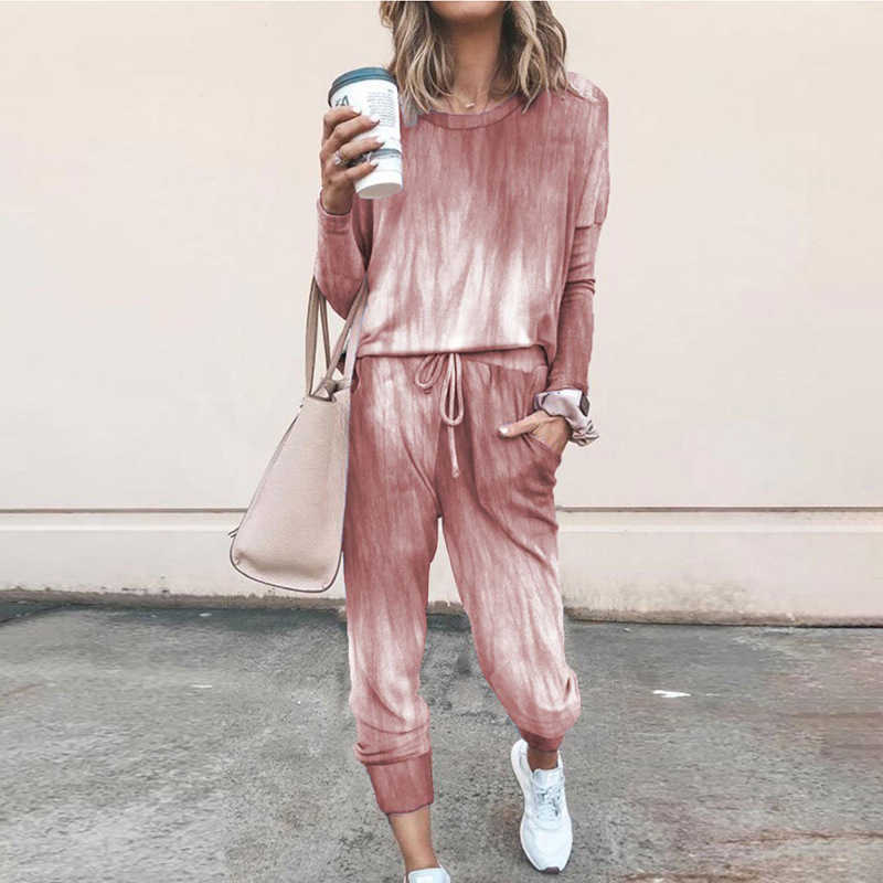 Women Long Sleeve 2 PCS Tracksuit Set Casual Print O Neck Loose Tops Drawstring Elastic Waist Pant Ladies Home Pajama Suits 210526