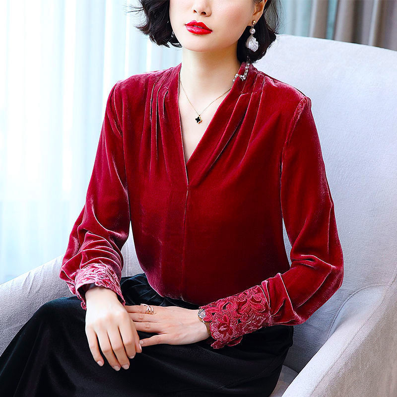 Women Sexy V-neck Velvet Office Blouse Elegant Blue Long Sleeve Wild Basic Shirts Plus Size Vintage Casual Ladies Top Spring New 210225