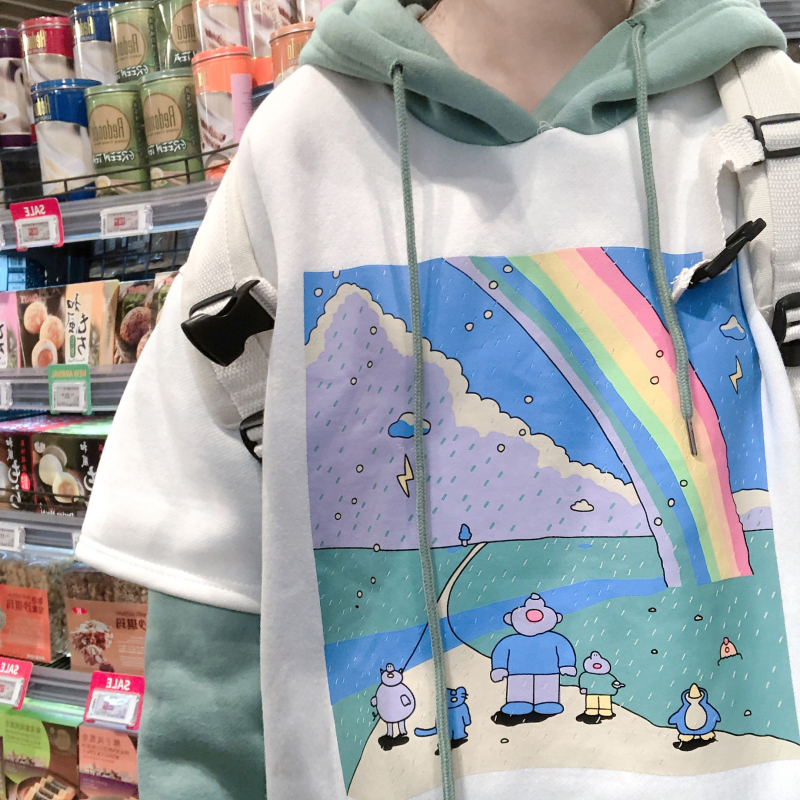 oversized Hoodies Women Printed Patchwork Hoody Simple Thicker Loose Simple Korean Style Drawstring Womens Streetwear Hoodie 200924