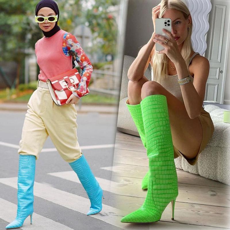Boots Banquet Women's Autumn Pointed Ultra-high Heel Fluorescent Green Stone 35-46 High Tube