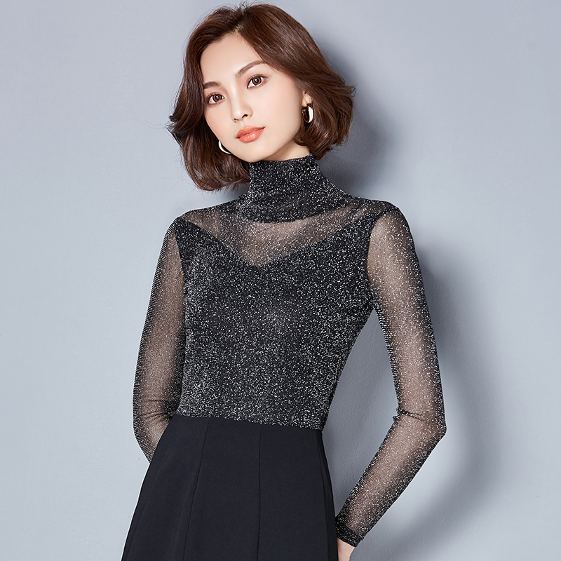 2021 Spring New Arrival Women Long Sleeve Mesh Top Shirt Solid Color Blouse Turtleneck Slim Sexy Lace Top Blusas 562C 30 210225