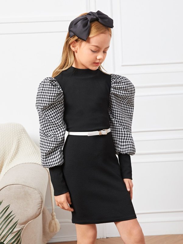 Girls Contrast Houndstooth Puff Sleeve Dress Without Belt SHE