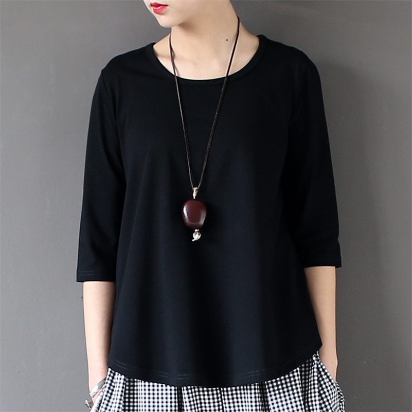 Johnature Women Cotton T-Shirts Black White Summer New Half Sleeve O-Neck One Size Casual Knitted Fashion Tops 210306