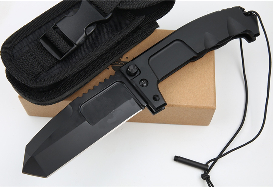 High Quality ER Strong Survival Tactical Folding 440C Titanium Coated Tanto Point Knife 6061-T6 Handle With Nylon Sheath And Retail Box Pack