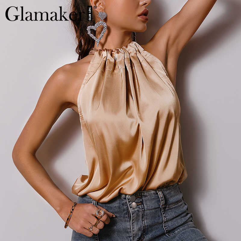 Glamaker Satin Ruffles casual loose sleeveless sexy top Women elegant office ladies all-match pleated summer top 210625