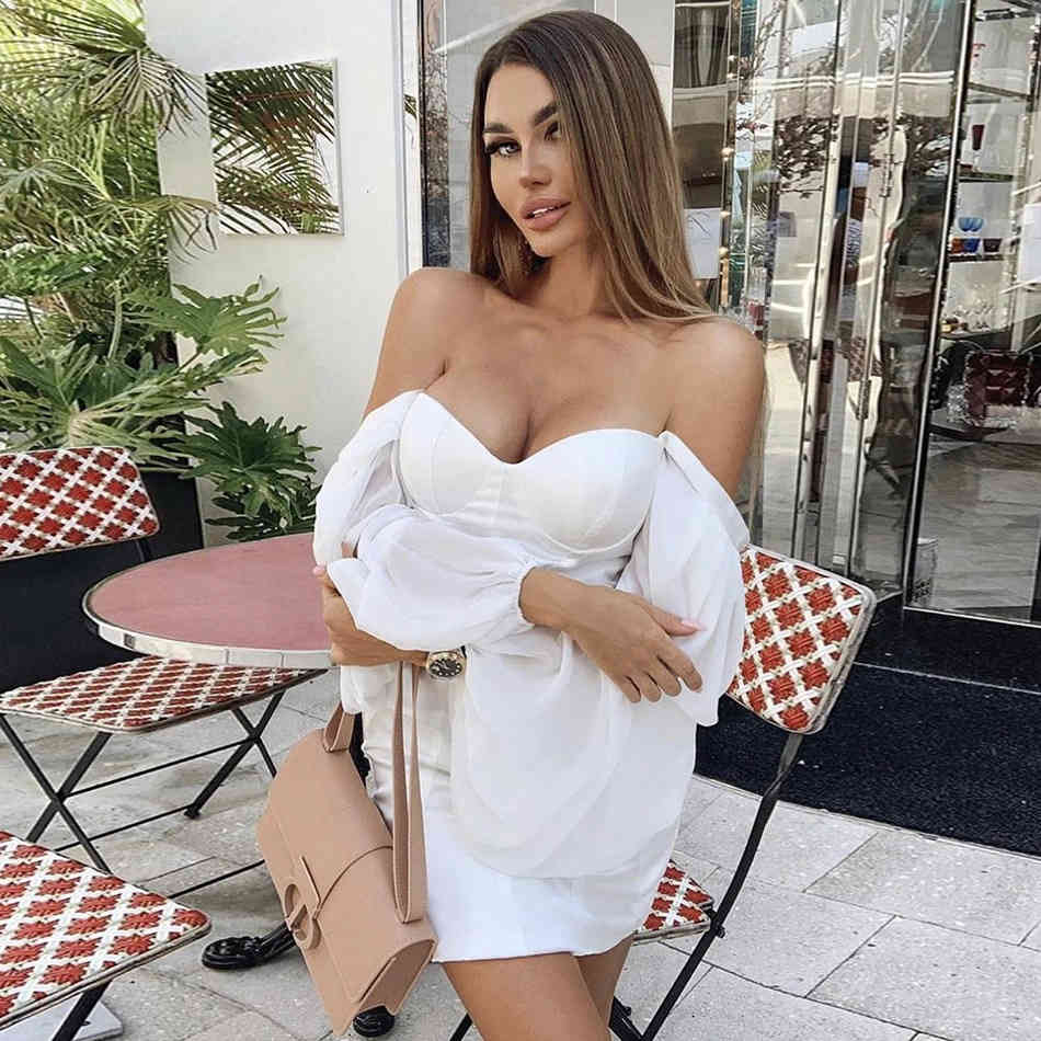 Chic White Mini Dress Puff Sleeves Sexy Backless Celebrity Party Club Satin 210525