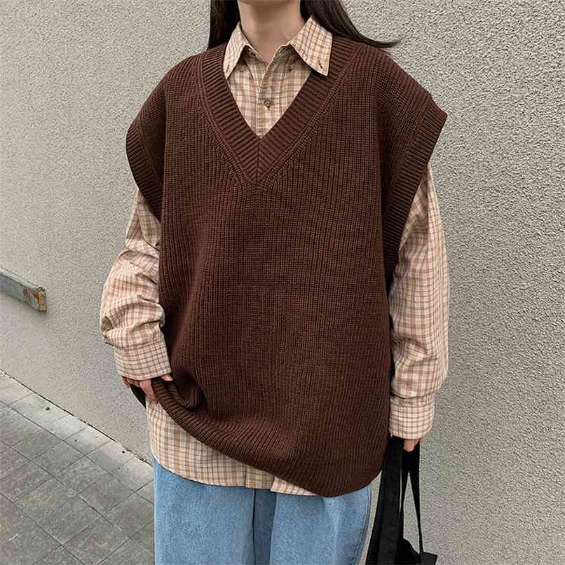 LEGIBLE Autumn winter Sleeveless Sweater Women Solid Color V Neck Knitted Vest female Jumpers Pull Femme Sweaters 210819