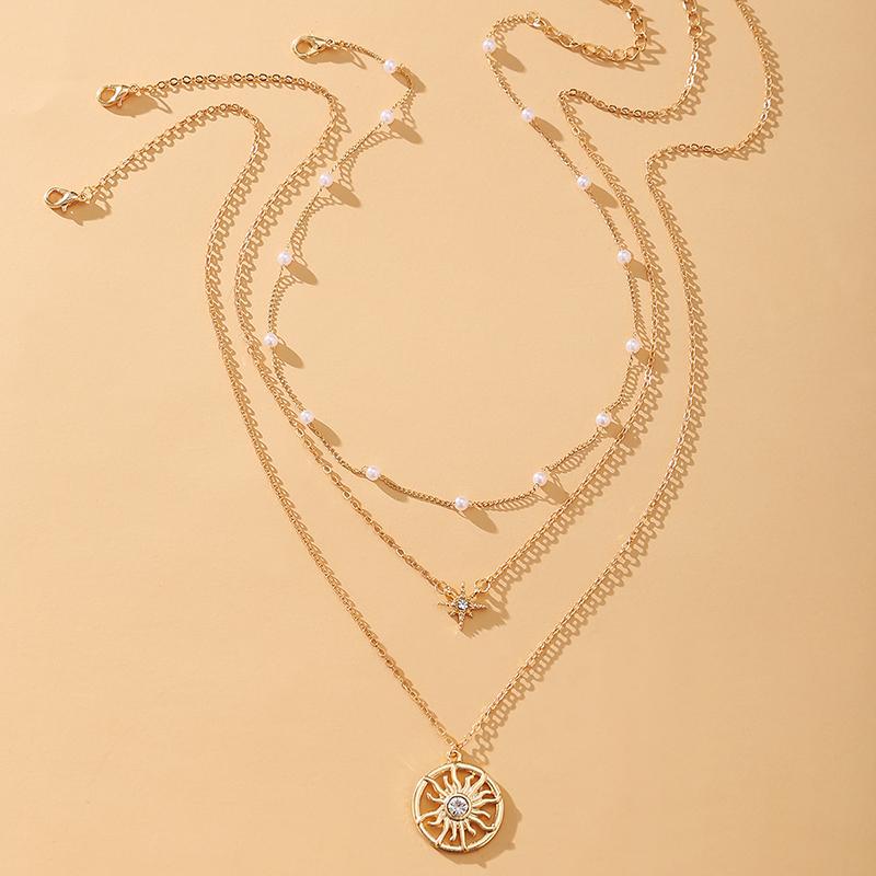 Chains Vintage Sinulation Pearl Geometric Sun Pendant Choker Necklace Jewelry For Women Fashion Gold Color Chain Jewellery Bijoux Femme