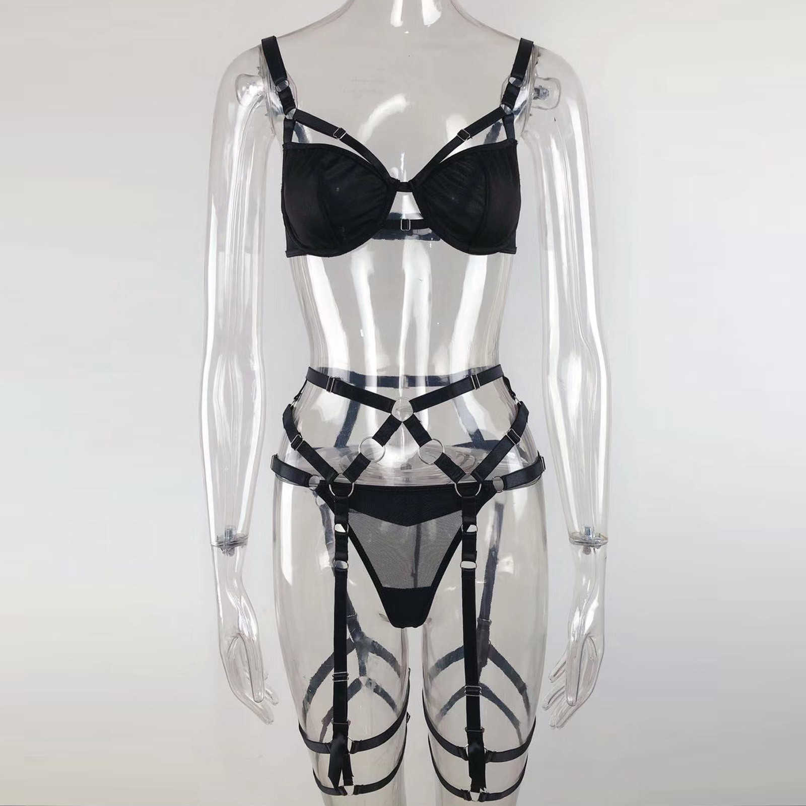 Gothic Steel Garter Belt Underwear Set Erotic Cosplay Sexy Lingerie Women Cut-Out Bra Sensual Intimate 3-Piece Y0913
