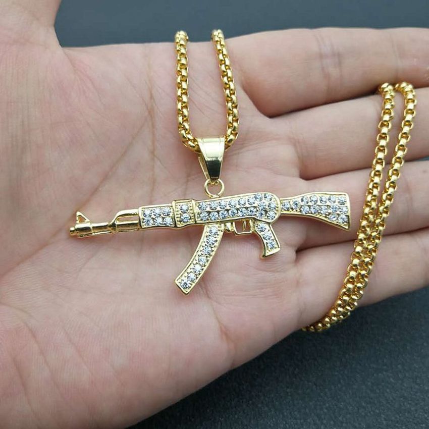 Hip Hop Jewelry Titanium Steel Gold Plated Diamond Ak47 Pendant Necklace 6CC3
