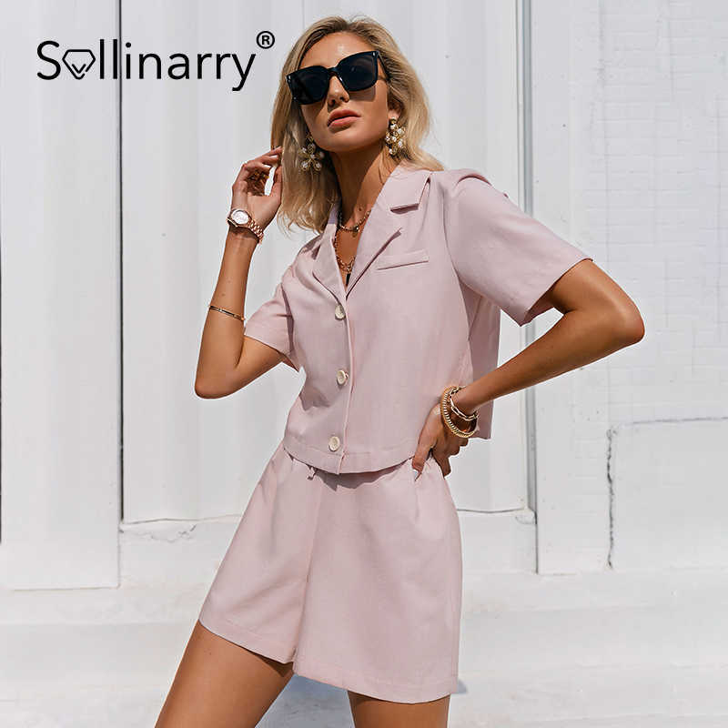 Sollinarry Two-piece suit collar short sleeve for women Pink tie belt shorts female sets Summer casual office ladies streetwear 210709