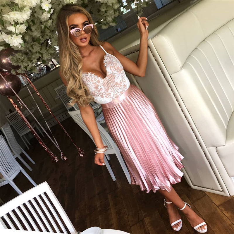 Women Casual Pleated Long Skirts Summer Mid-Calf Solid Pink Silver Elegant Party Skirts Ladies Vintage Sexy Sundress Femme 210309