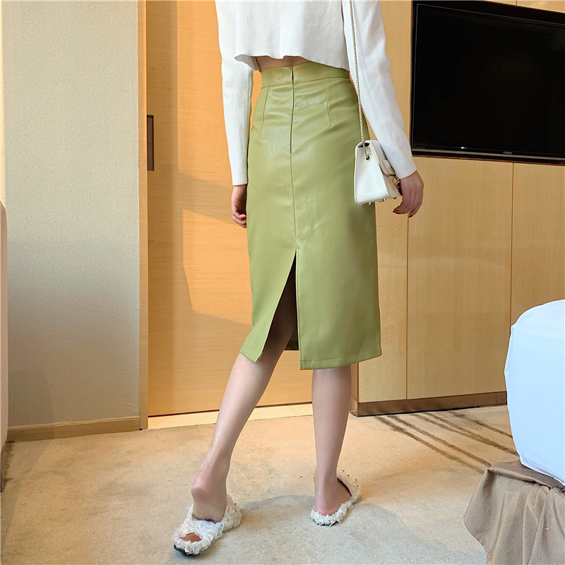 HELIAR Women PU Leather Skirts High Waist Solid Straight Elegant Split Skirt Midi Leather Skirts For Women Autumn Winter 210309