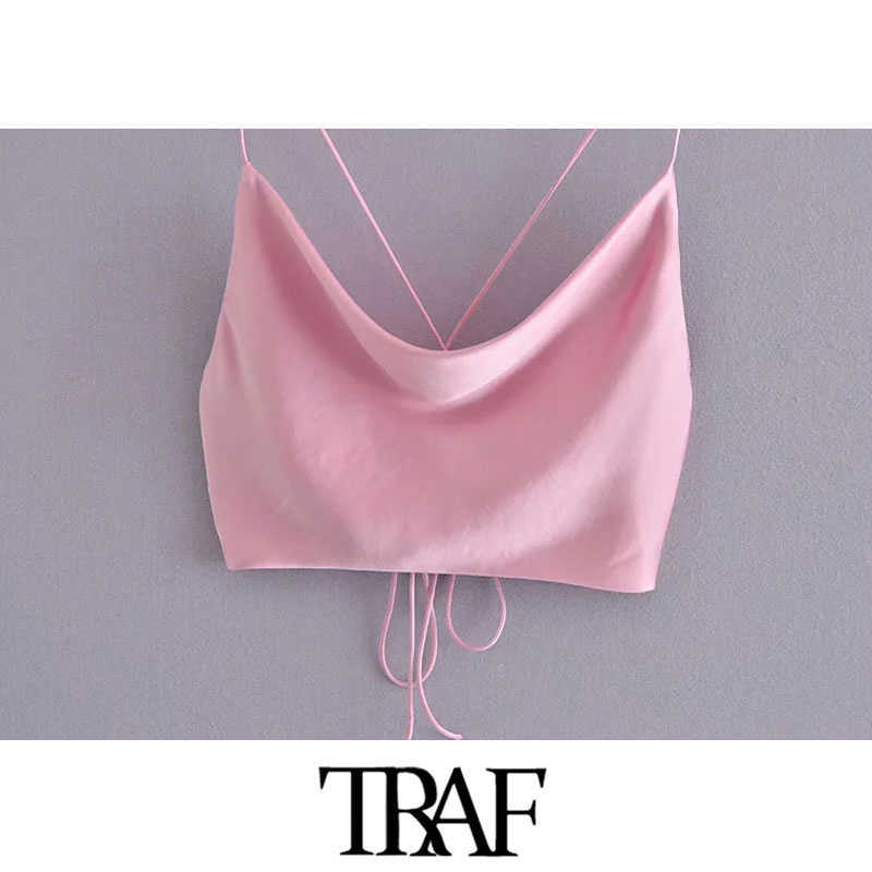 TRAF Women Sexy Fashion With Tied Soft Touch Cropped Tank Tops Vintage Backless Cross Thin Straps Female Camis Mujer 210625
