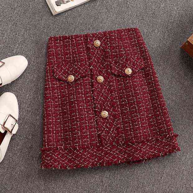 Autumn Winter Women Gold Double-breasted Tweed Short Jacket Coat + Bodycon Skirt Suit Tassels 2PCS Clothing Set Red Plaid 211106