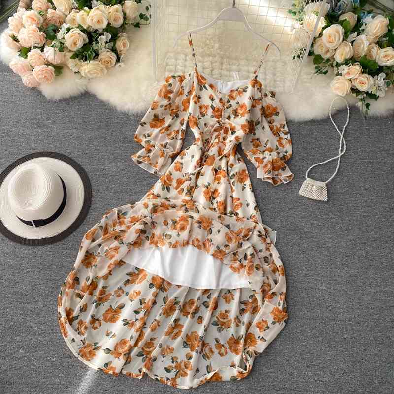 Women Seaside Ins Sweet Ruffled V Neck Elegant Dress Lady Sexy Vestidos De Fiesta M256 210527