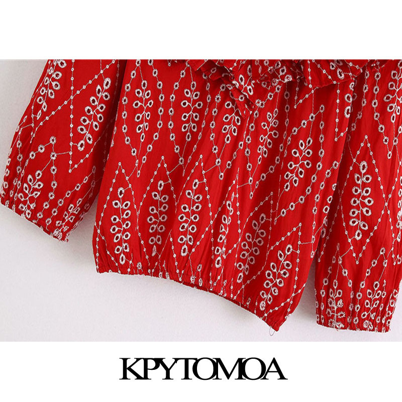 KPYTOMOA Women Fashion Cutwork Embroidery Ruffles Blouses Vintage V Neck Elastic Trims Female Shirts Blusas Chic Tops 210225
