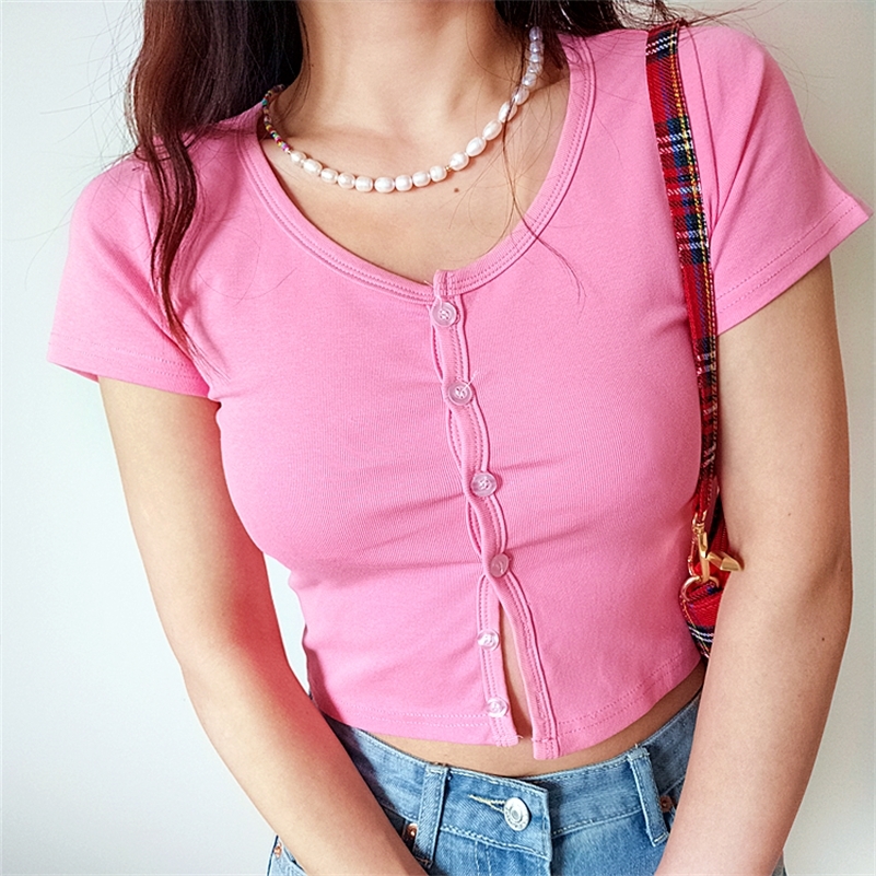 Women Scoop Neck Button Down Candy-colored Crop Tee 210306