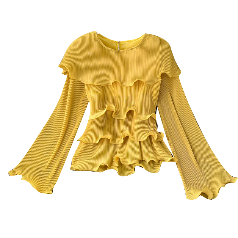 Ins 3D Flounce Round Neck Long Flare Sleeve Pleated Women's Chiffon Blouse Lady Solid Color Elegant Shirts and Tops N744 210308