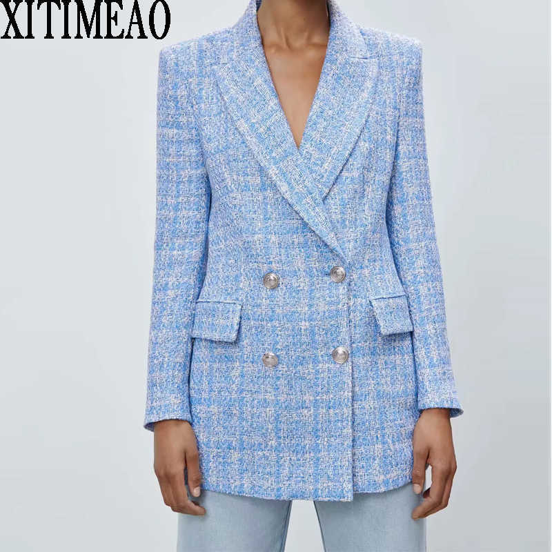 ZA Women Spring AutumnFashion Double Breasted Tweed Check Blazers Coat Vintage Long Sleeve Female Outerwear 210602, Blue
ZA Women Spring AutumnFashion Double Breasted Tweed Check Blazers Coat Vintage Long Sleeve Female Outerwear 210602, Blue