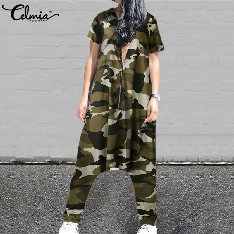 Celmia Plus Size Jumpsuits Women Short Sleeve Overalls Fashion Hoodie Loose Harem Pants Solid Casual Zipper Pantalon Femme Y200904