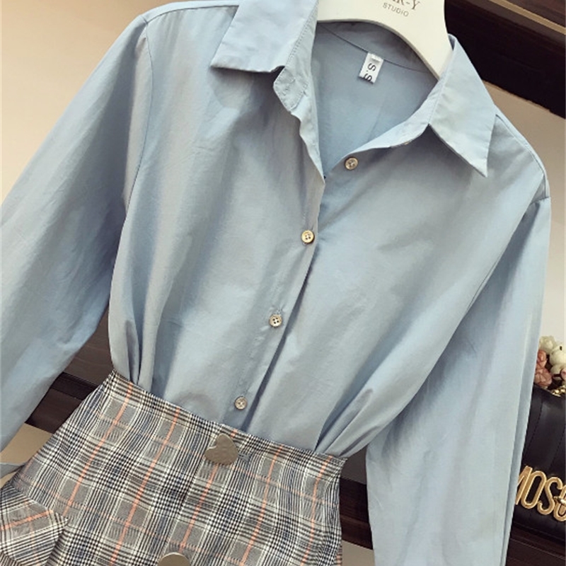 New Fall Womens Lapel Long Sleeve Blue Long Shirt High Waist Package Hip Plaid Skirt Twopiece Ladies OL Mini Skirts Set T200325